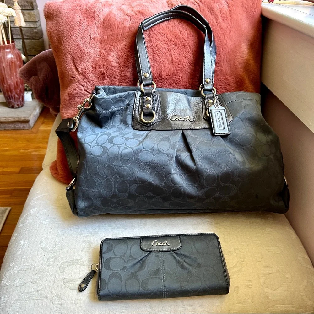 Coach Ashley Metallic Charcoal Signature Carryall Shoulder Handbag